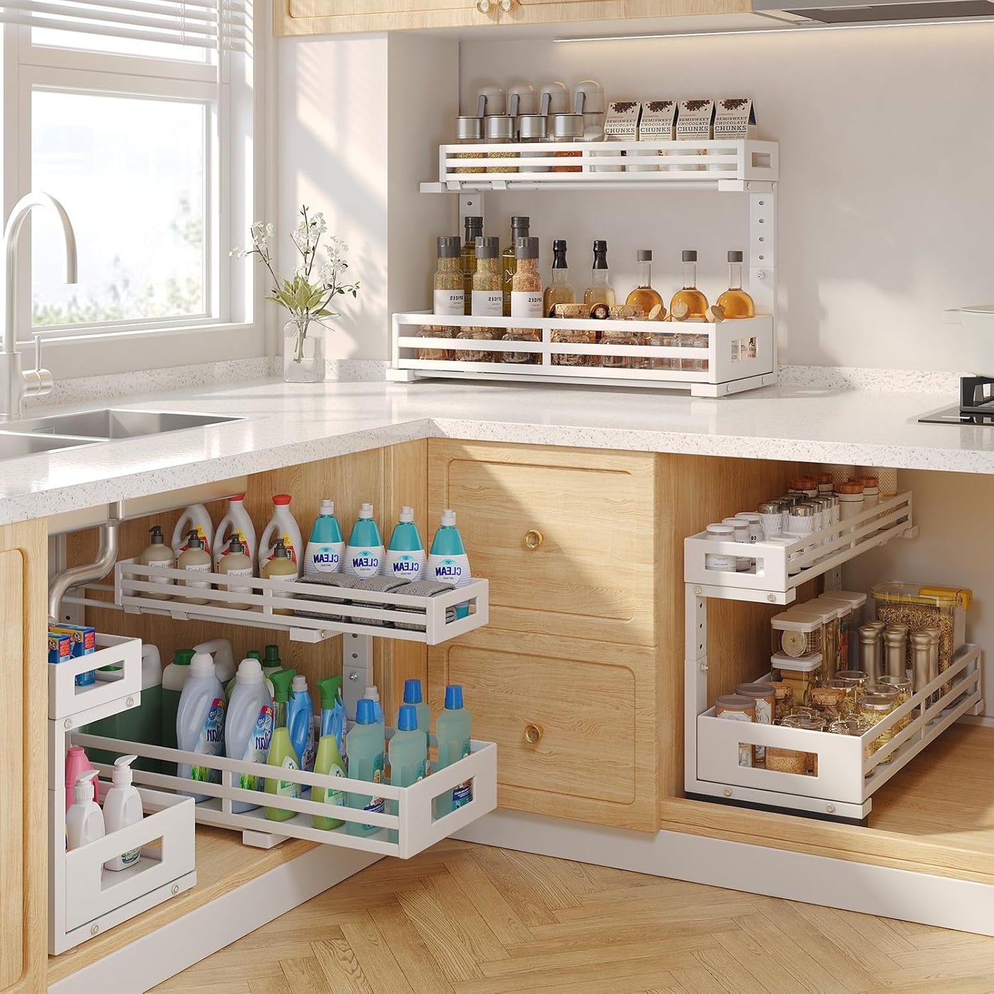 2-Pack 20.47"Deep Under Sink Organizer And Storage,2-Tier L-Shaped Pull Out Cabinet Organizer with Upgraded Slide Rails,Height Adjustable Drawers for Kitchen&Bathroom,Extra-Large Storage Shelves–White