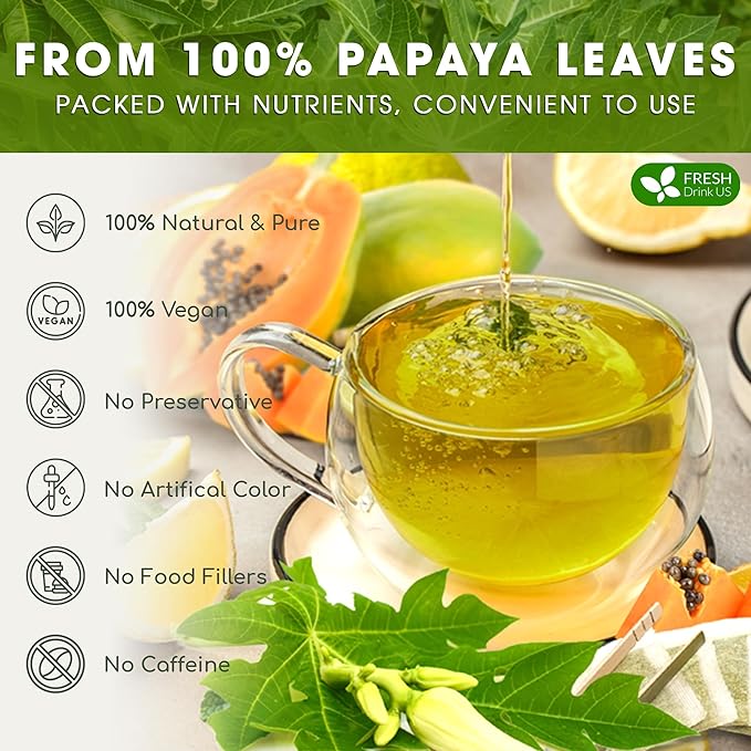 FreshDrinkUS, Premium 40 Papaya Leaf Tea Bags, 100% Natural & Pure. Loose Leaf Papaya Herbal Tea. Made with Natural Material Tea Bags. No Sugar, No Caffeine, No Gluten, Vegan.