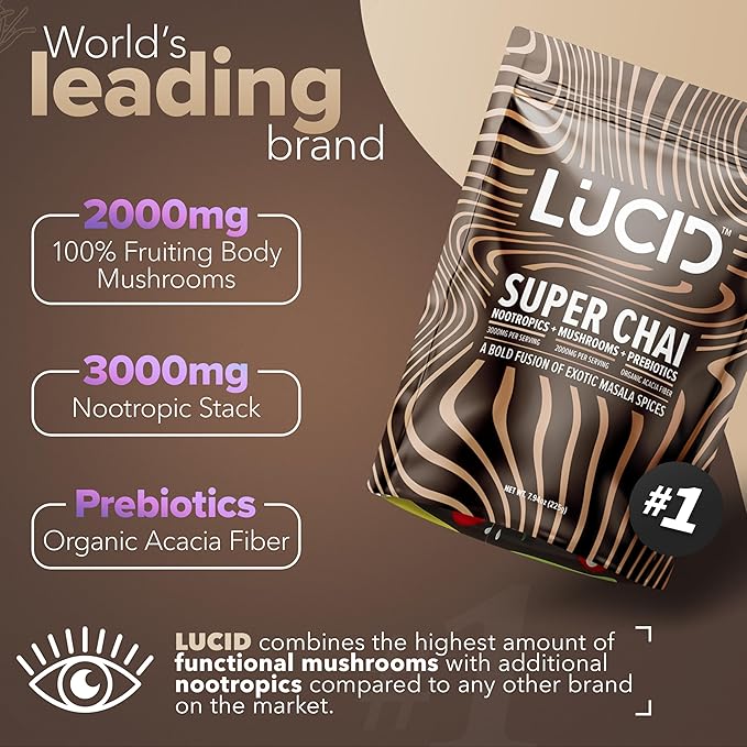 Lucid Superfood Organic Mushroom Chai with Nootropics - Lion's Mane, Tremella, Cordyceps & Turkey Tail - Instant Mushroom Chai Focus Brain Health - Alpha GPC, L-Theanine, Ginko Biloba - USA Made