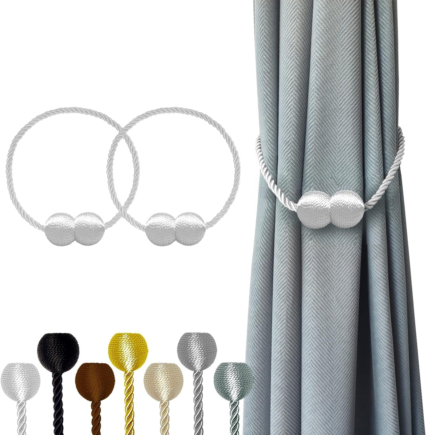 Hion Magnetic Curtain Tiebacks White 2pcs, Curtain Tiebacks Buckles Holdbacks Holders Hooks Clip for Home Bedroom Office Decorative Curtain