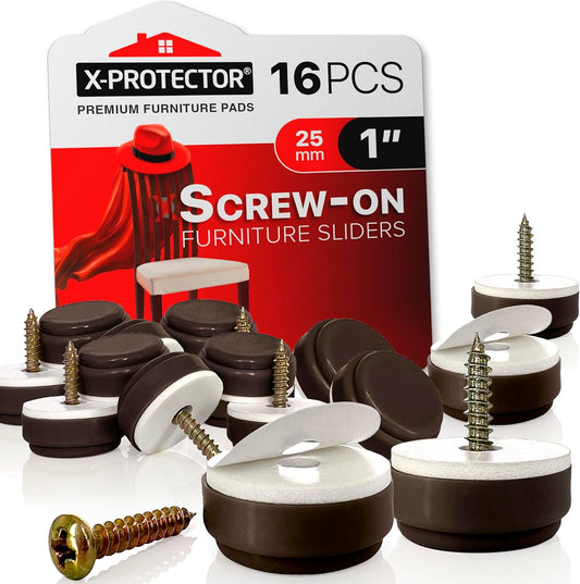 Chair Glides X-PROTECTOR – 16 PCS 1" Furniture Glides – Screw-On Chair Sliders – Premium Chair Leg Floor Protectors – Slide Furniture Effortlessly on All Floor Types with Small Furniture Sliders!