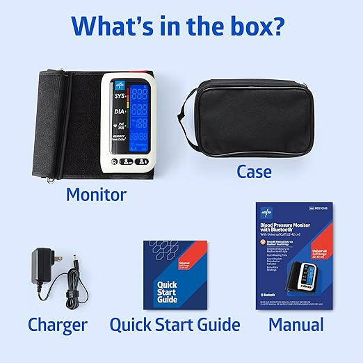Medline Bluetooth Blood Pressure Monitor, Attached Universal Upper Arm Cuff, Digital LCD Display, Medline Health App Integration, Store Up to 120 Readings, Charger Cable and Carrying Case Included