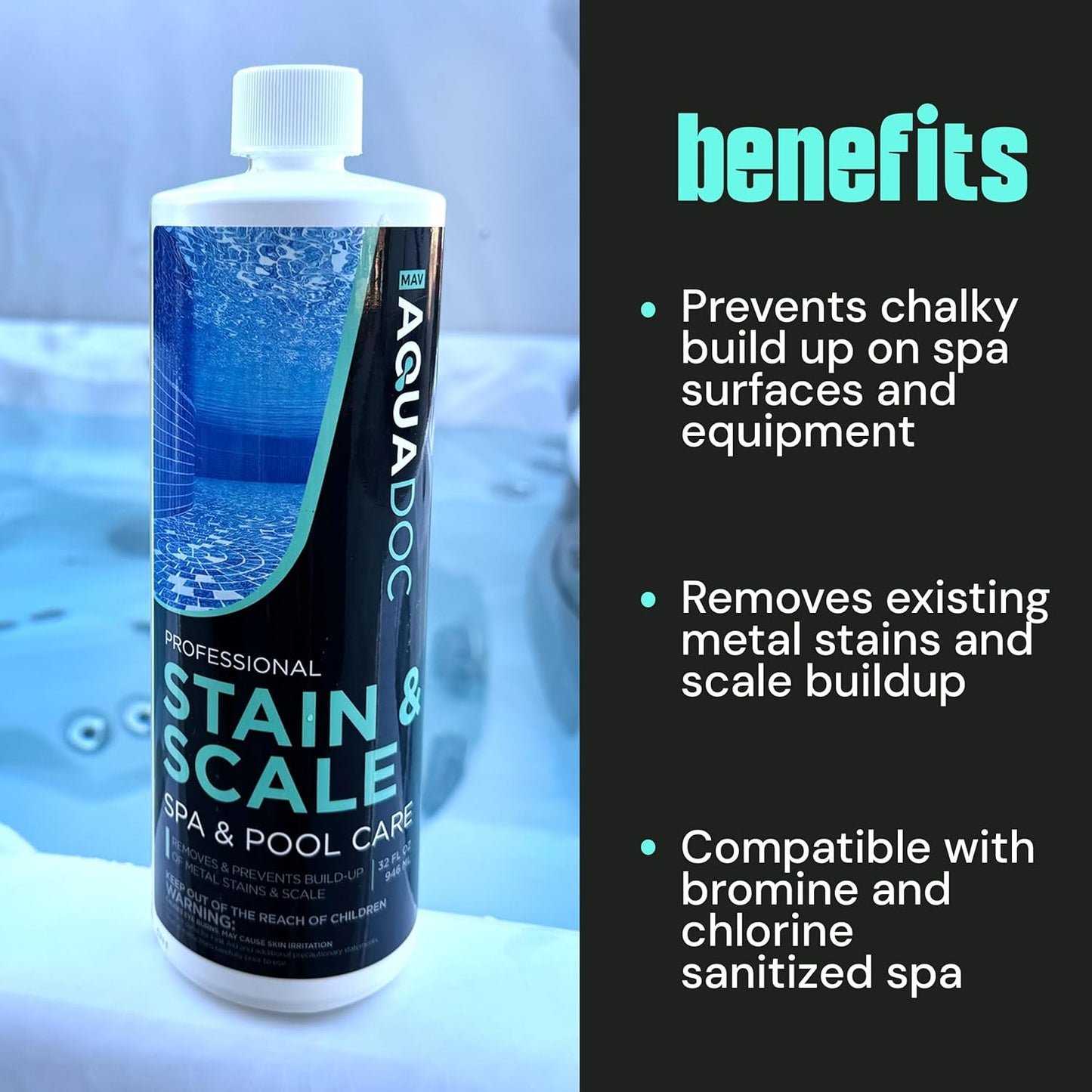 Spa Stain and Scale Control for Hot Tubs, Scale Metal & Stain Control for Hot Tubs, Prevent & Remove Stains in Hot Tubs with Our Hot Tub Water Softener & Spa Descaler Chemical - AquaDoc 32oz