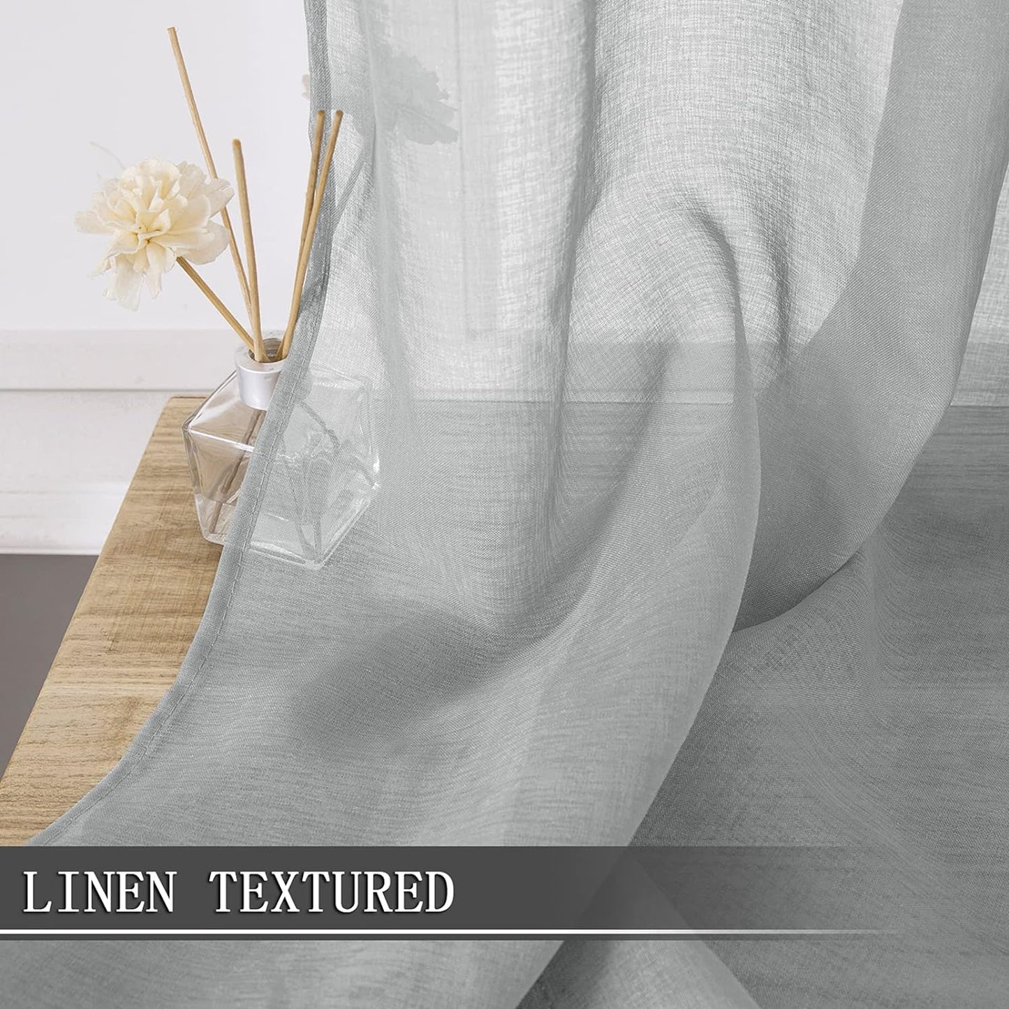 Tollpiz Sheer Curtain Linen Textured Bedroom Curtains Sheer Light Filtering Rod Pocket Voile Curtain for Living Room, 54 x 95 inches Long, Silver Grey, Set of 2 Panels