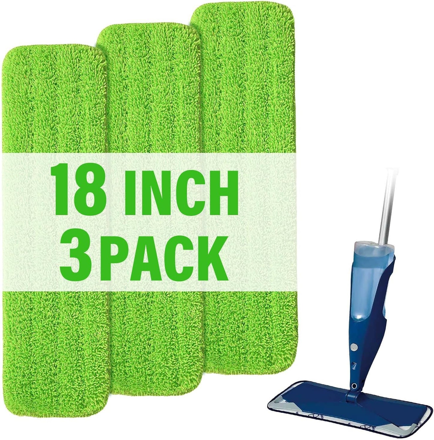18 inch Mop Pads Refills, 3 Pack Microfiber Reusable Replacement Mop Pads Flat Replacements Heads for Wet Or Dry Floor Cleaning and Scrubbing, Green Cloth