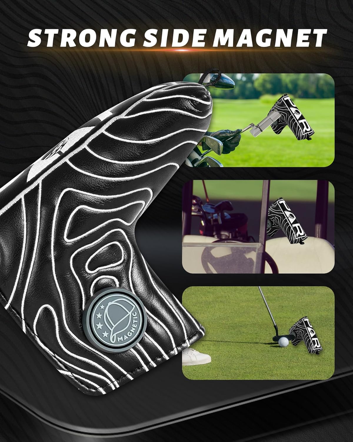 Big Teeth Golf Club Covers Full Set Driver Headcover Fairway Wood Hybrid Golf Club Iron Head Covers, Topographic Edition Putter Cover Leather Golf Head Covers Pure Black, Gifts for Men