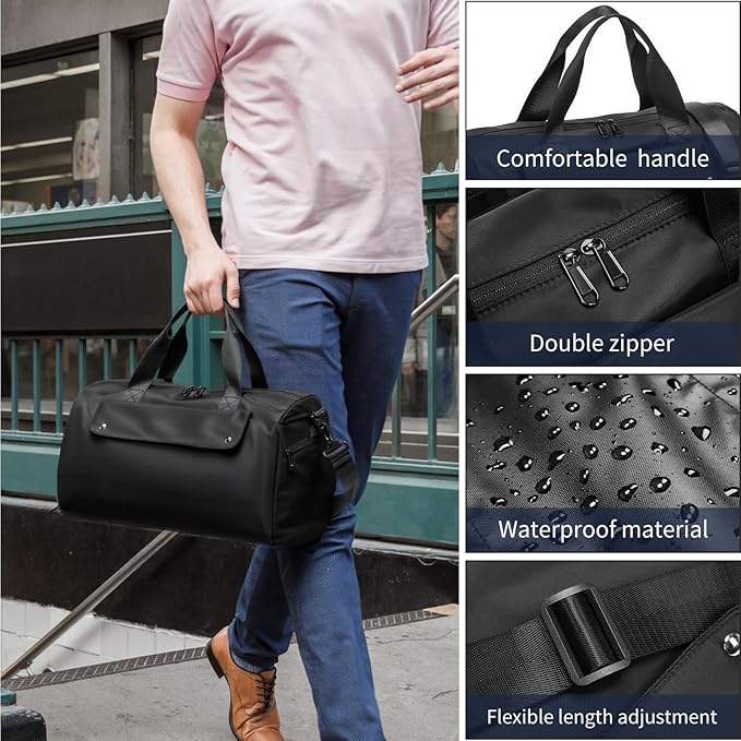 Small Gym Bag, Black Waterproof Duffle Bag for Men Women, Cordura Workout Bag with Trolley Sleeve, Duffle Bag for Travel, Sports, Fitness, Training, Yoga, Hospital
