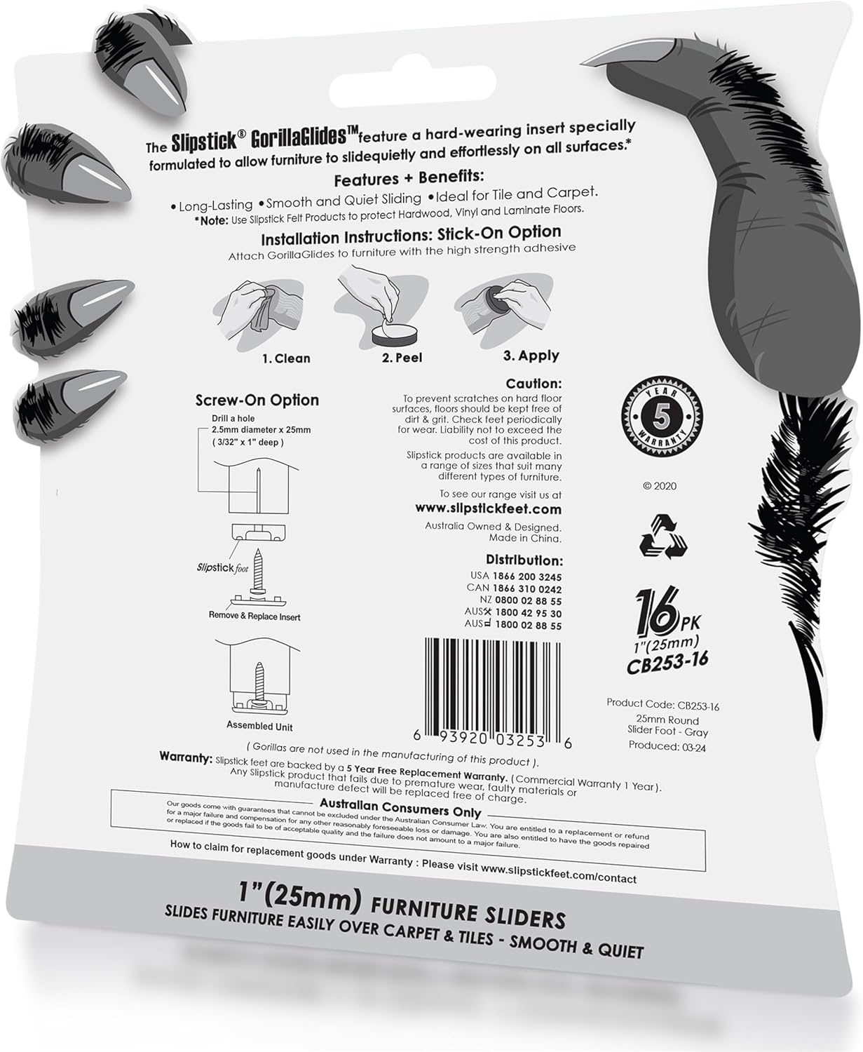 GorillaGlides 1 Inch Chair Sliders/Furniture Floor Protectors (16 Furniture Glides) Self-Adhesive Screw On Chair Glides for Sliding on Low-Pile Carpet & Hard Surface Floors, Round