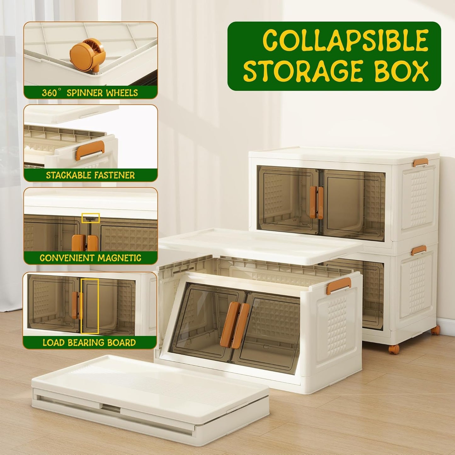 2 Tier Extra Large Stackable Storage Bins with 1 Lid 205 QT/Tier, Collapsible Plastic Box Storage with Wheels, Home Containers Boxes Closet Organizers for Living Room, Office, Dorm