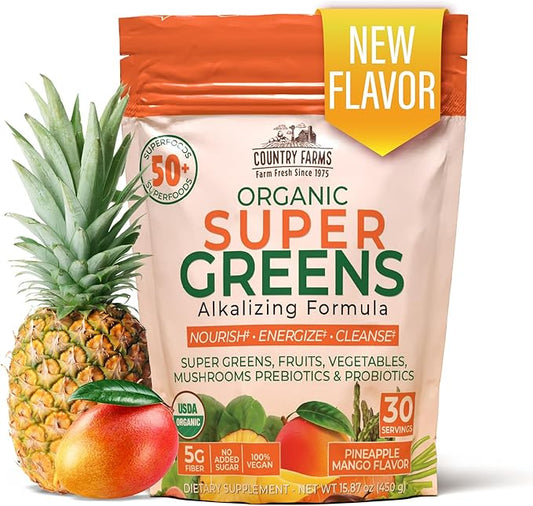 COUNTRY FARMS Super Greens Pineapple-Mango Flavor, 50 Organic Super Foods, USDA Organic Drink Mix (Wheat Grass, Spirulina, Chlorella) Mushrooms & Probiotics, with Fiber, Natural Energy, 30 Servings