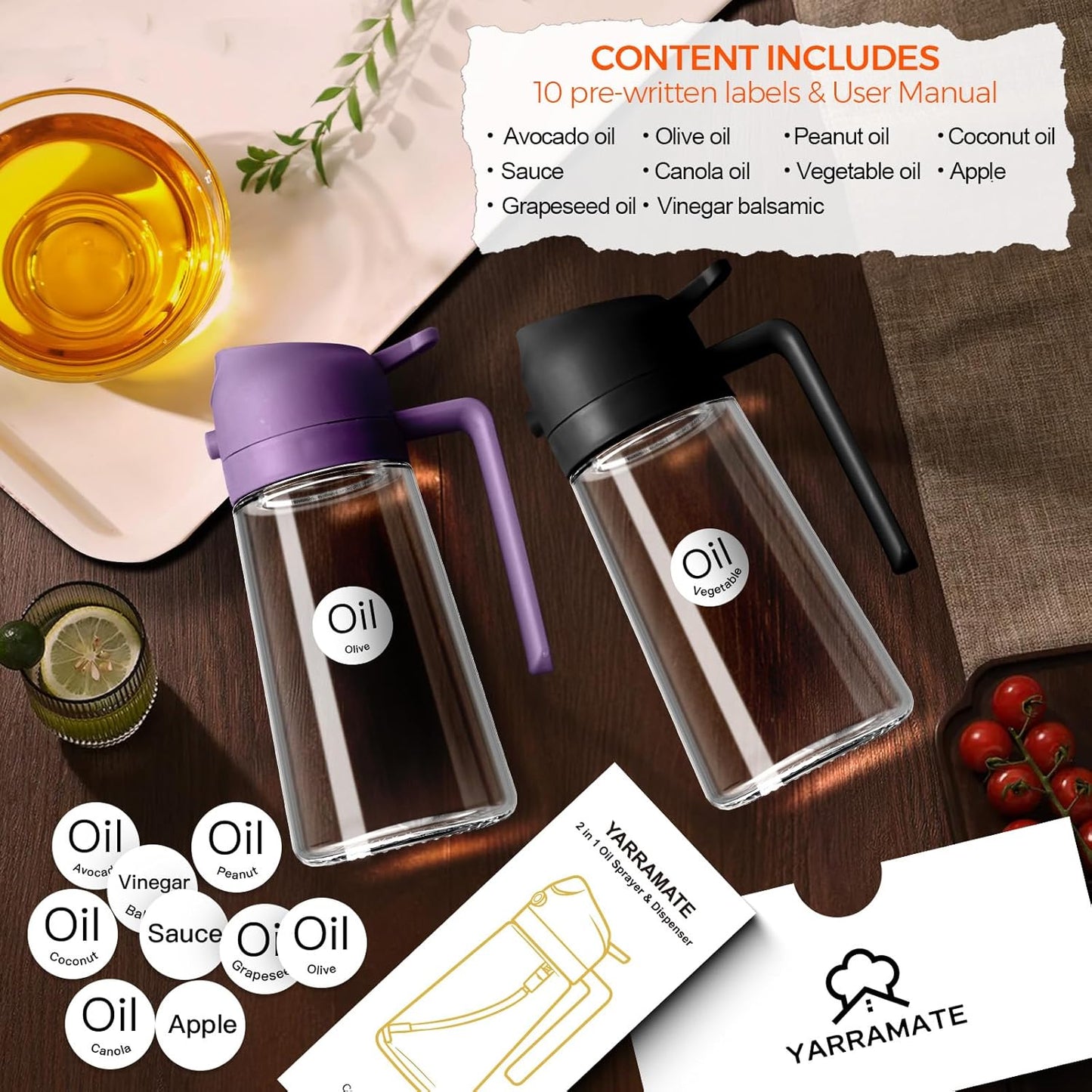YARRAMATE 2Pcs 16oz/470ml Glass Olive Oil Sprayer for Cooking with Stickers, 2 in 1 Oil Dispenser for Kitchen Gadgets, Food Grade Premium Spray Bottle with Portion Control for Salad, BBQ(Black&Purple)