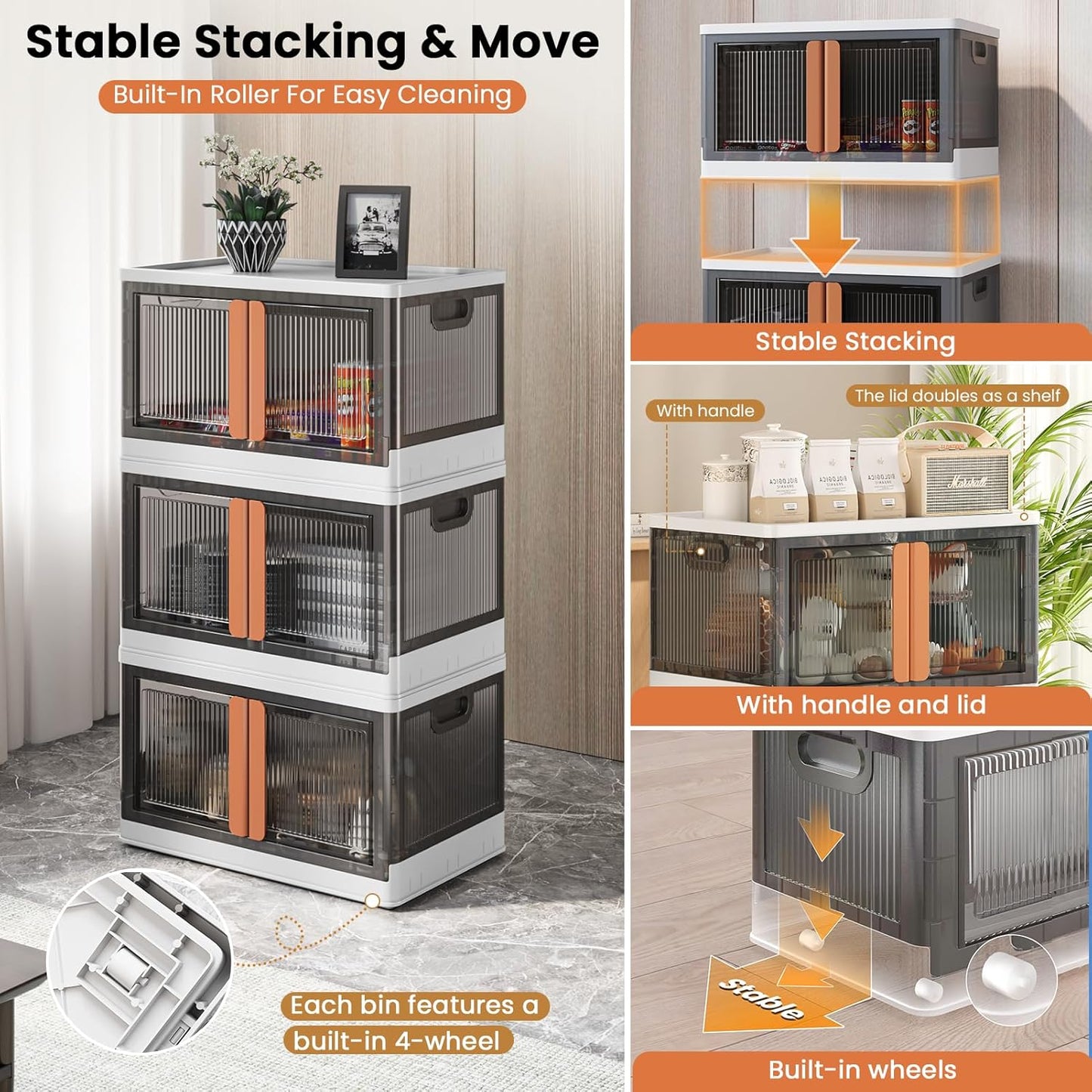 19Gal Collapsible Storage Bins with Lids & Wheels - 2 Pack Stackable with Doors, Heavy-Duty Plastic Containers for Home/Office, White