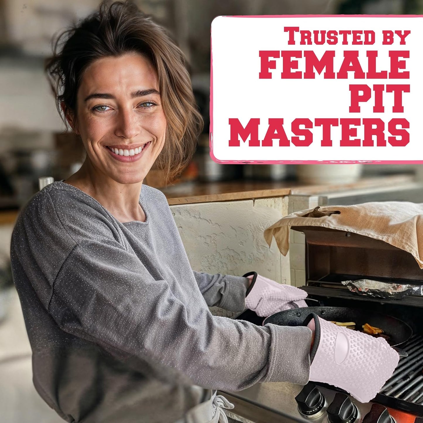 KITCHEN PERFECTION S Silicone Smoker Oven Gloves for Women -Extreme Heat Resistant BBQ Gloves -Handle Hot Food Right on Your Grill Fryer |Waterproof Oven Mitts Cooking Gloves |Superior Set+3 Bonuses