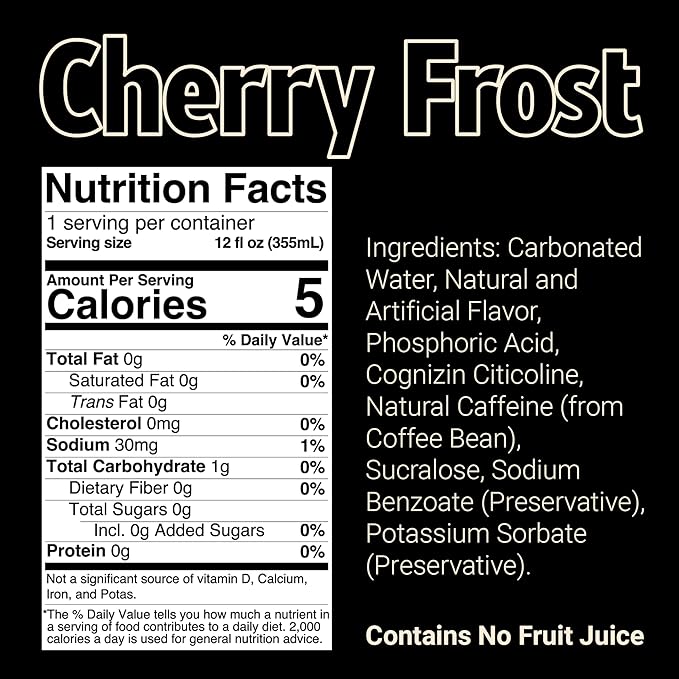 BUM Sugar-Free Energy Drink, Cherry Frost - Lightly Carbonated & No Artificial Colors, Natural Caffeine & Citicoline for Energy & Focus, Brain Boost & Workout Sports Beverage - 12 oz, Pack of 12