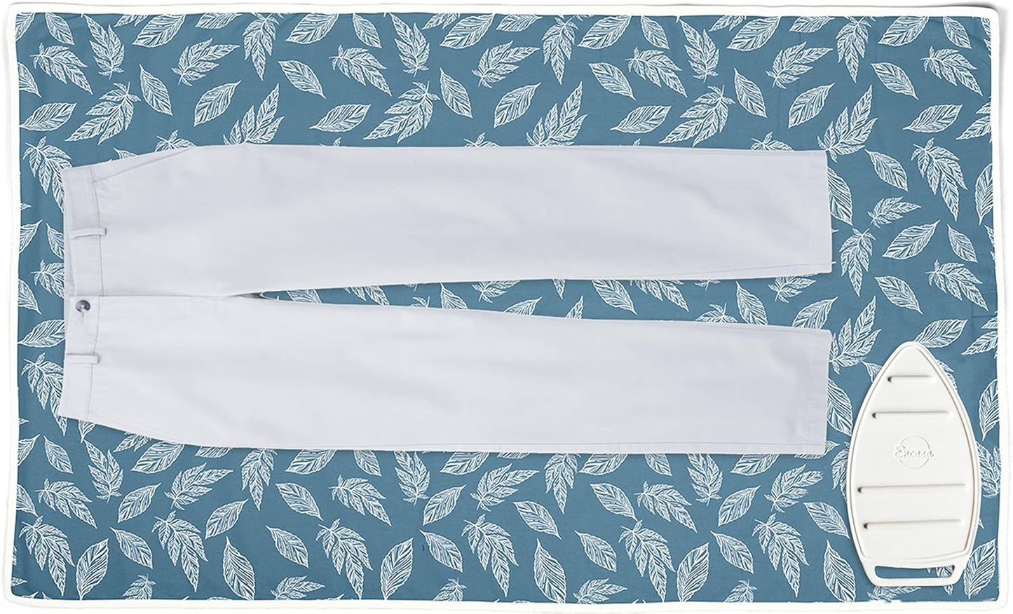 Encasa XO Ironing Mat/Pad (Large 48"x28") with 3mm Padding & Silicone Iron Rest for Steam Pressing on Tabletop or Bed - Heat Resistant, Portable, Quilting & Travel Blanket - Big Leaves Blue