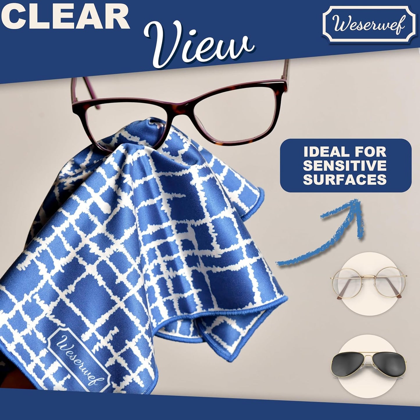 WESERWEF Design Microfiber Glasses Cleaning Cloth – Premium Cleaning Cloth for Eyeglasses, Screens, Tablets, Cameras & Lenses, 12" x 12", Ultra-Soft & Scratch-Free (Blue)