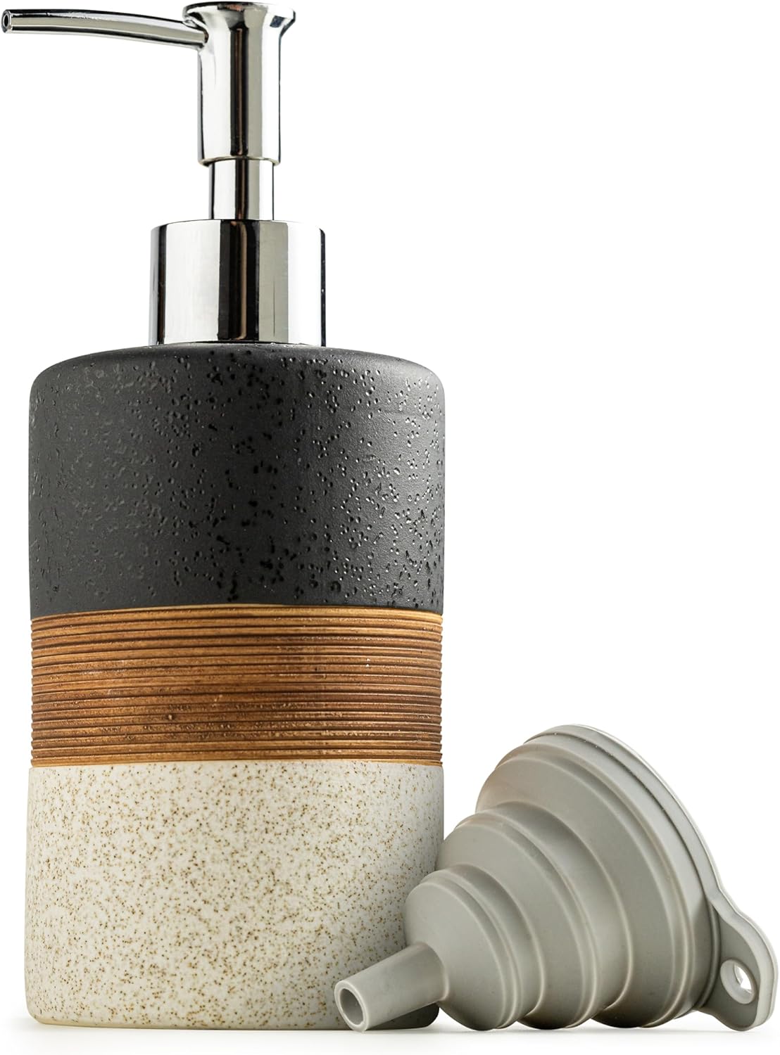 Dish Soap Dispenser Set with Silicone Funnel, Hand Soap, Shampoo, Body Wash, Ceramic Liquid Soap Dispenser for Kitchen and Bathroom Countertops, Stainless Steel Pump, Non Slip, 12 Oz, Black