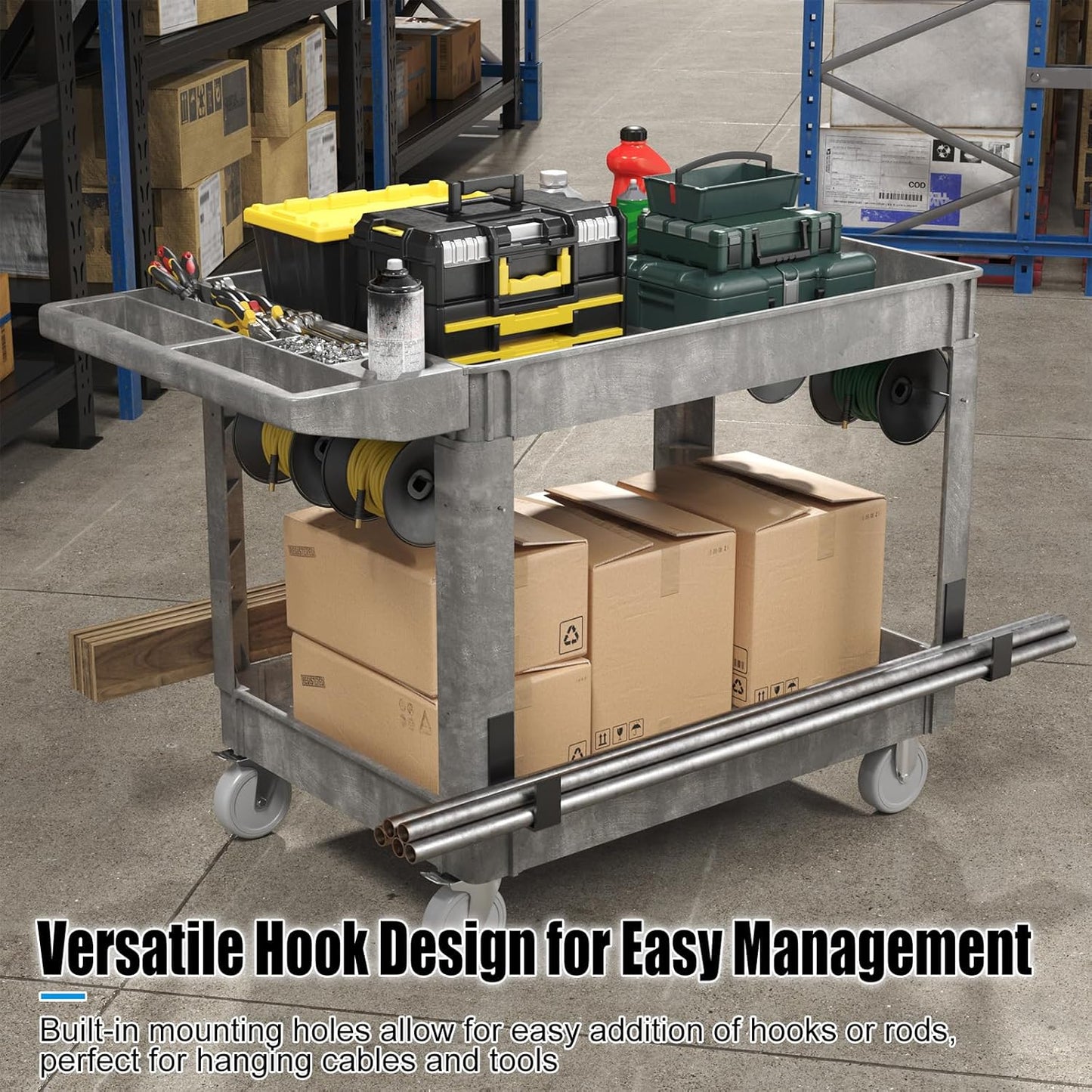 Heavy Duty Rolling Utility Cart with Wheels 2-Tier Utility Plastic Service Work Cart for Shop, Garage, Warehouse, Maintenance 550 lbs