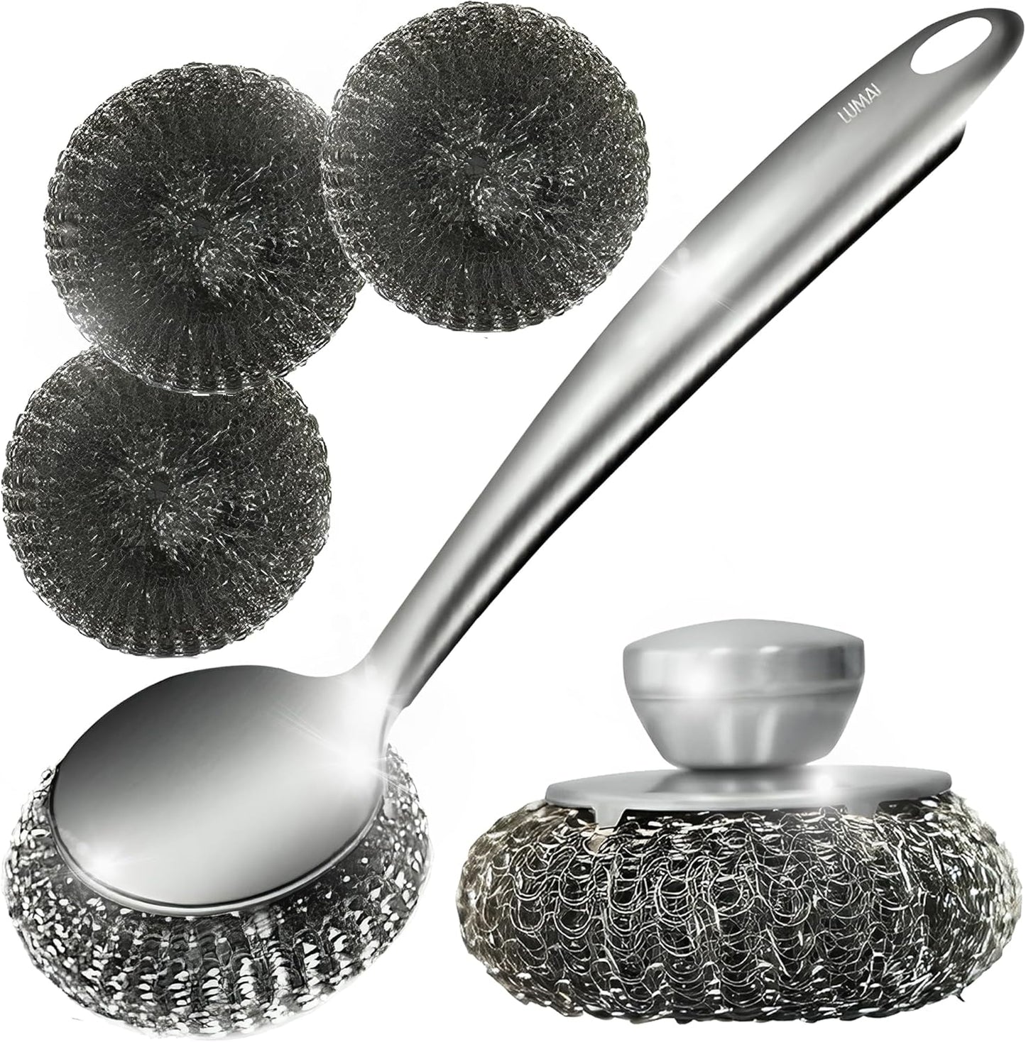 Steel Wool Scrubber Dish Brush Set with Handle, Deep Cleaning Scrubber Set, Silver