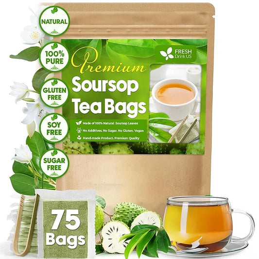 FreshDrinkUS, Premium 75 Soursop Graviola Leaf Tea Bags, 100% Natural and Pure from Soursop Leaves, Handmade, Made With Natural Materials-Corn Fiber Tea Bag, Sugar/ Caffeine/ Gluten Free, Hoja Guanabana Tea