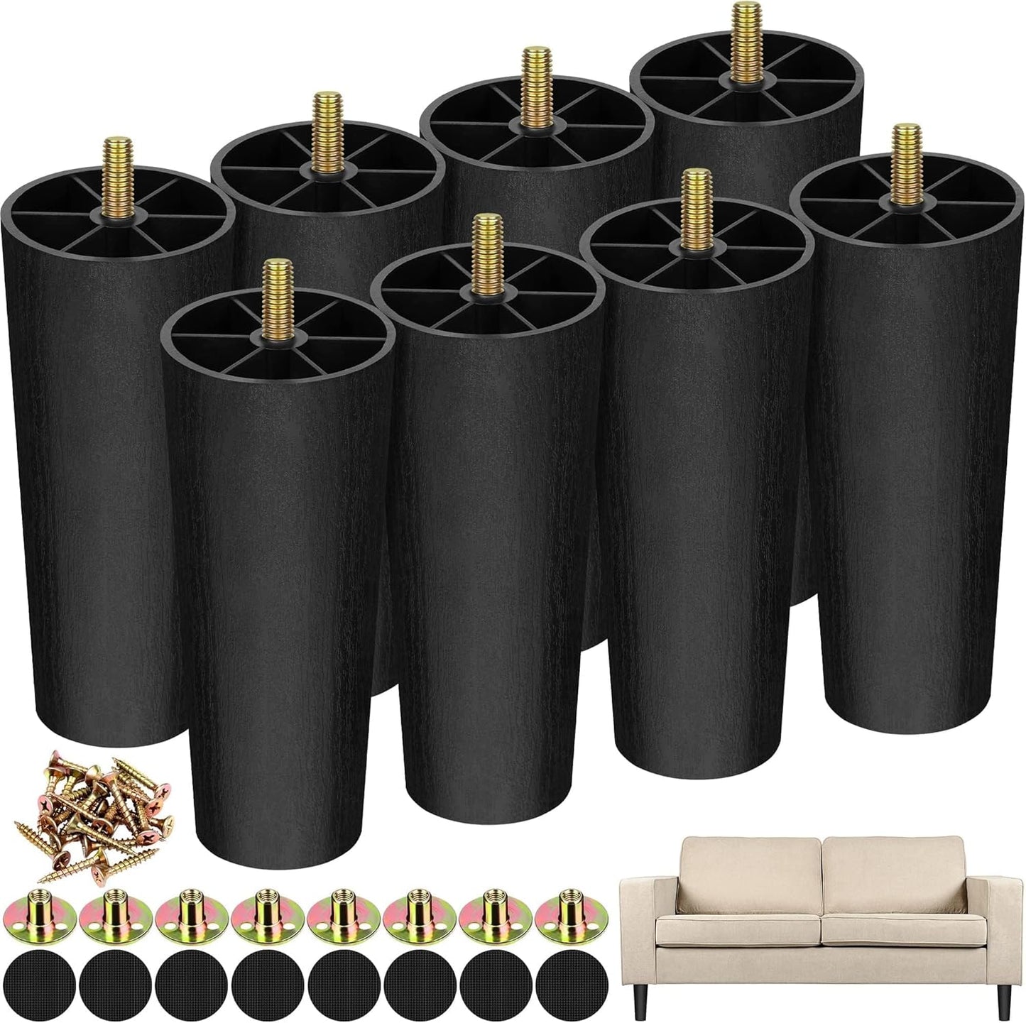 TURSTIN 8 Pack 6 Inch Plastic Furniture Legs with M8 T-Nuts Screws Tapered Sofa Couch and Chair Legs Replacement Furniture Legs for DIY Projects Sofas Coffee Tables Dressers Beds