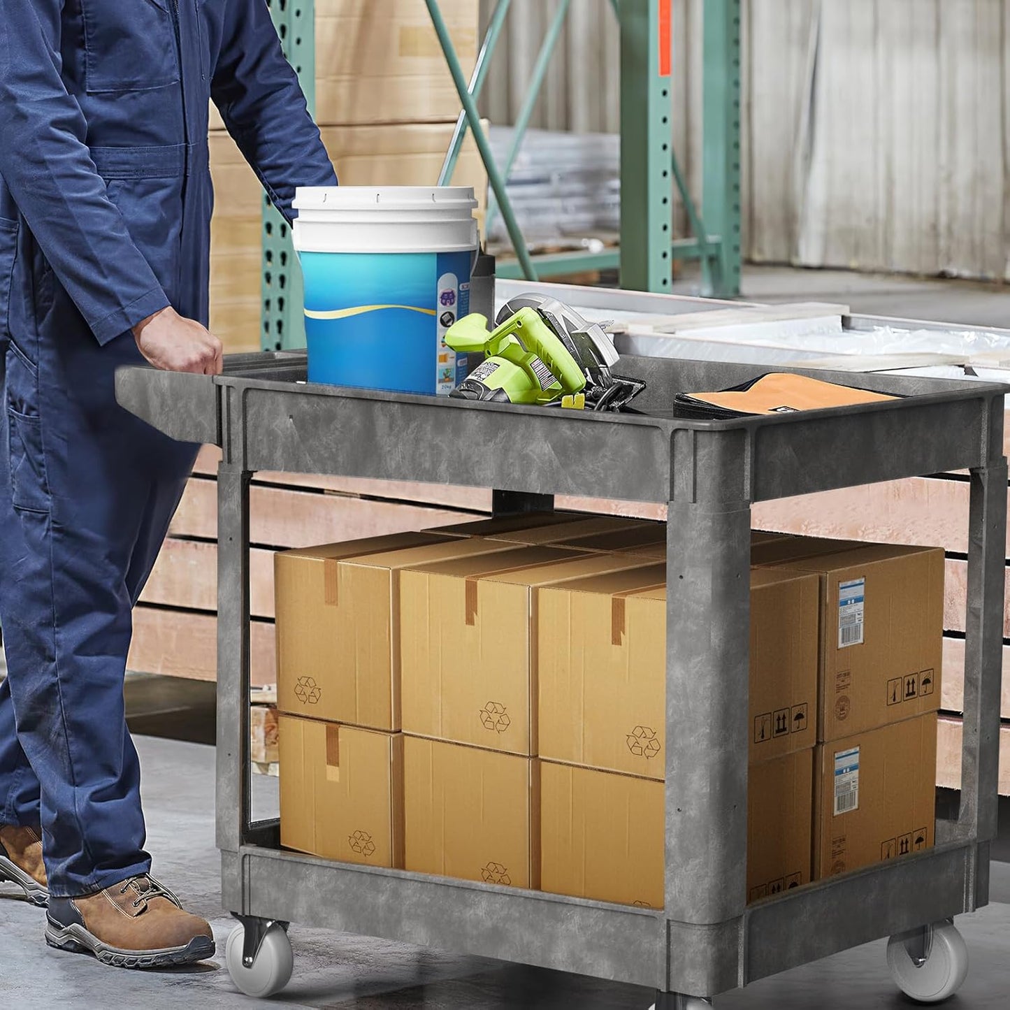 Heavy Duty Rolling Utility Cart with Wheels 2-Tier Utility Plastic Service Work Cart for Shop, Garage, Warehouse, Maintenance 550 lbs