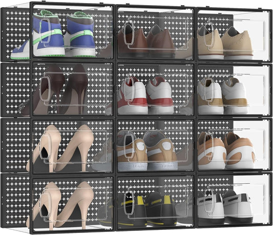 12 Pack Large Modular Clear Plastic Stackable Shoe Storage Organizer for Closet, Space Saving Versatile Sneaker Shoe Rack Containers Bins Holders, Portable Closet Organizers and Storage, Black