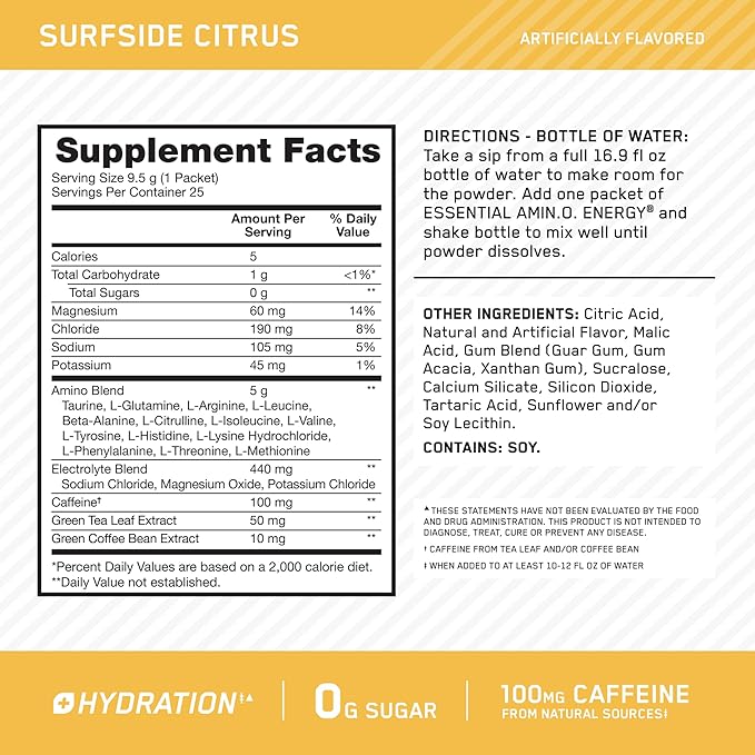 Optimum Nutrition Amino Energy Plus Hydration Packets, On-The-Go Caffiene Stick Packs, Surfside Citrus, 25 Count