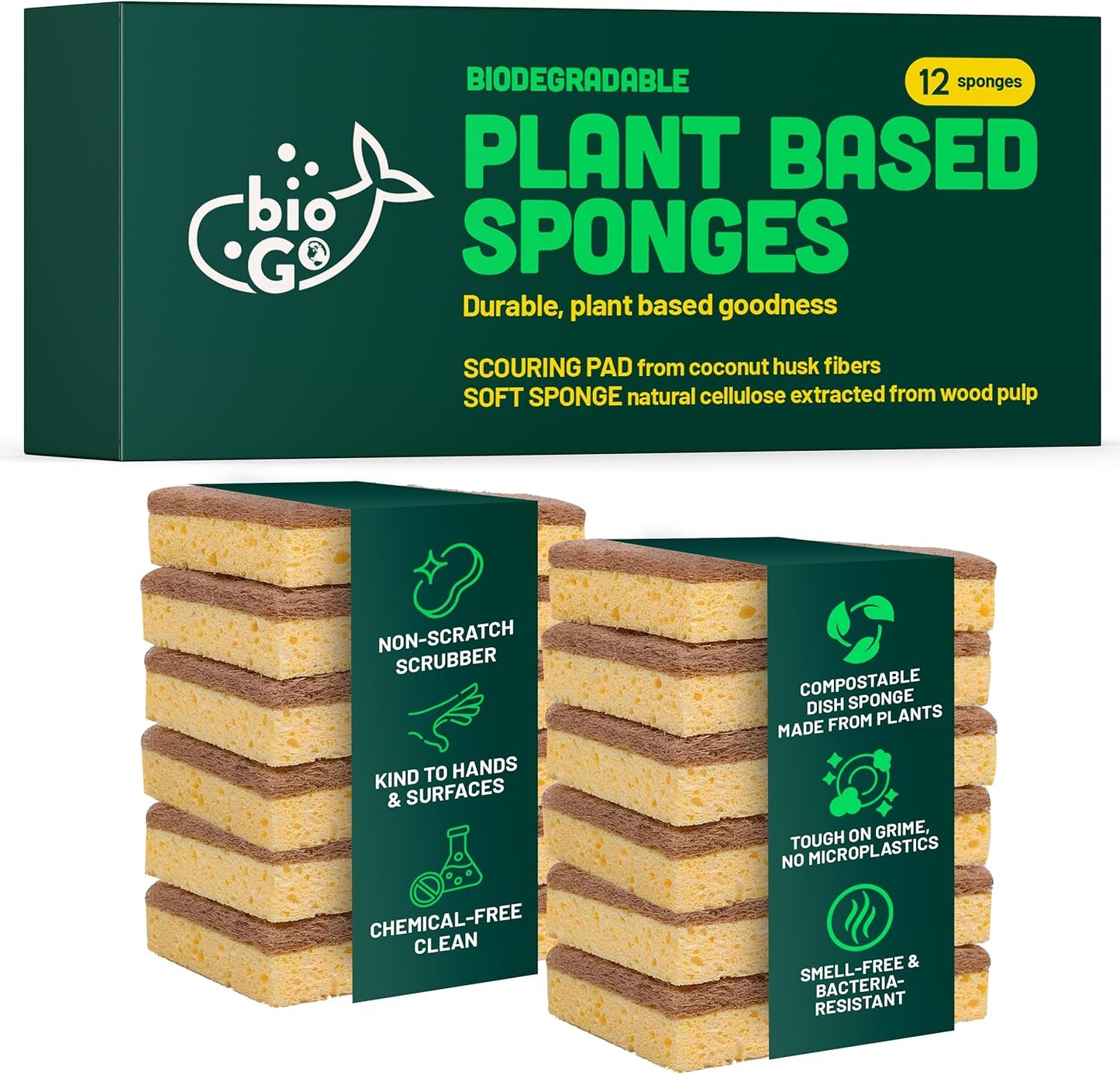 bioGo 12 Pack Biodegradable Kitchen Sponges - Eco-Friendly, Compostable, Natural Cellulose Dish - Compostable - Biodegradable - Cellulose Sponge