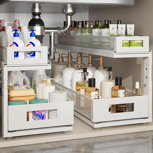 2 Pack 21.3IN-Depth Under Sink Organizer With Next-Gen Ball-Bearing Slides,2-Tier Pull Out Cabinet Storage,Height Adjustable Drawer Shelf for Bathroom,Kitchen,Laundry,Cabinet,Pantry-White