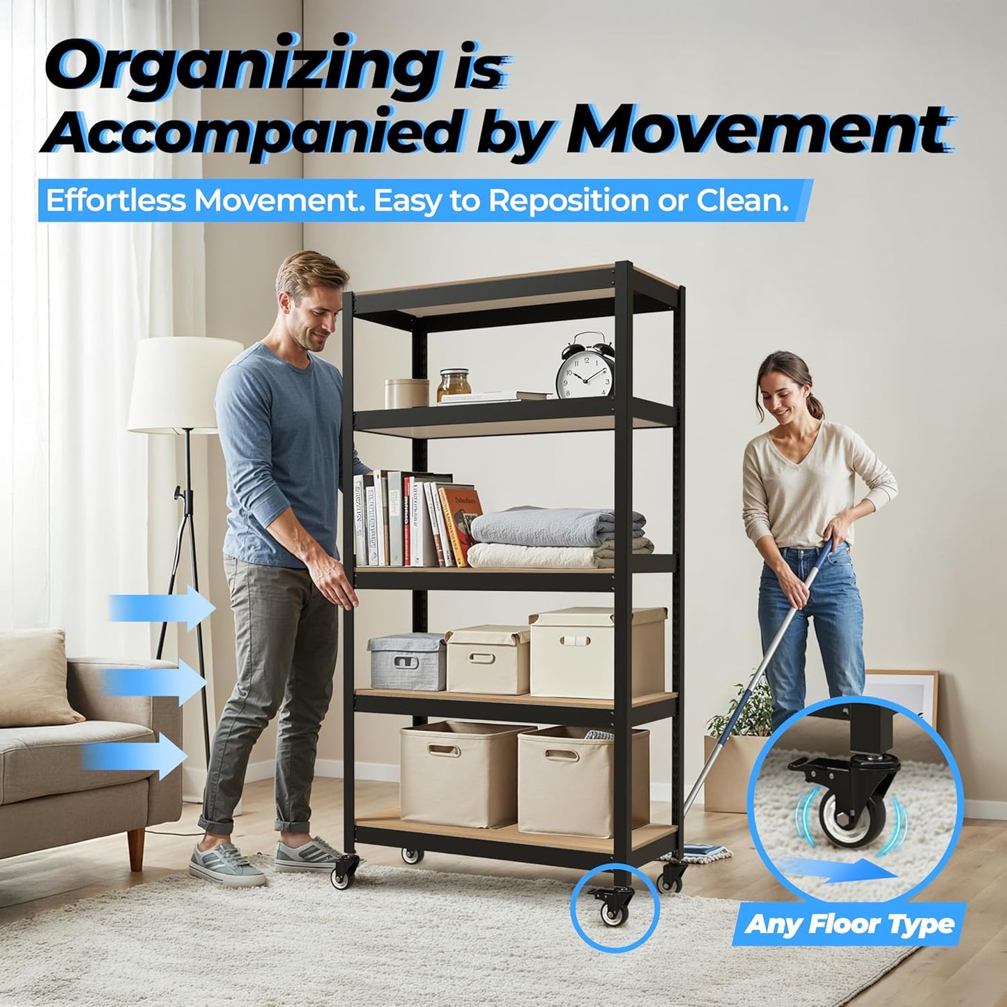 HOMEDANT House 5-Tier Metal Rolling Cart Shelf Rack Casters Heavy Duty Laminated Wheel Shelving Unit Adjustable Utility Storage Shelves Organizer Shelf Kitchen Garage 36.2" W x 16.5" D x 69.5" H 3Pack