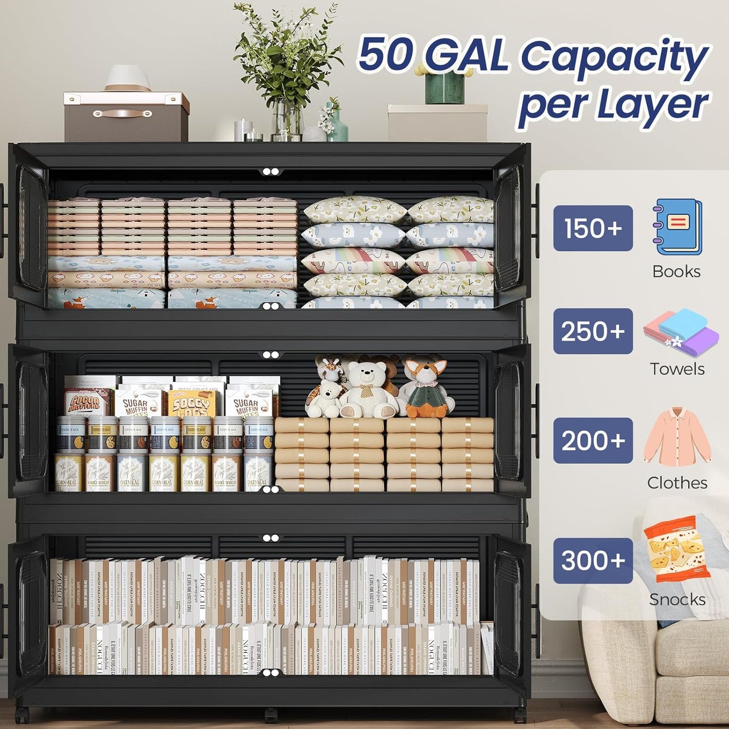 250GAL Extra Large Storage Bins with Lid, 1000QT Storage Bins with Wheels, Folding Closet Organizer, Stackable Collapsible Plastic Storage Containers for Home, Office, Dorm, 5Pack Black