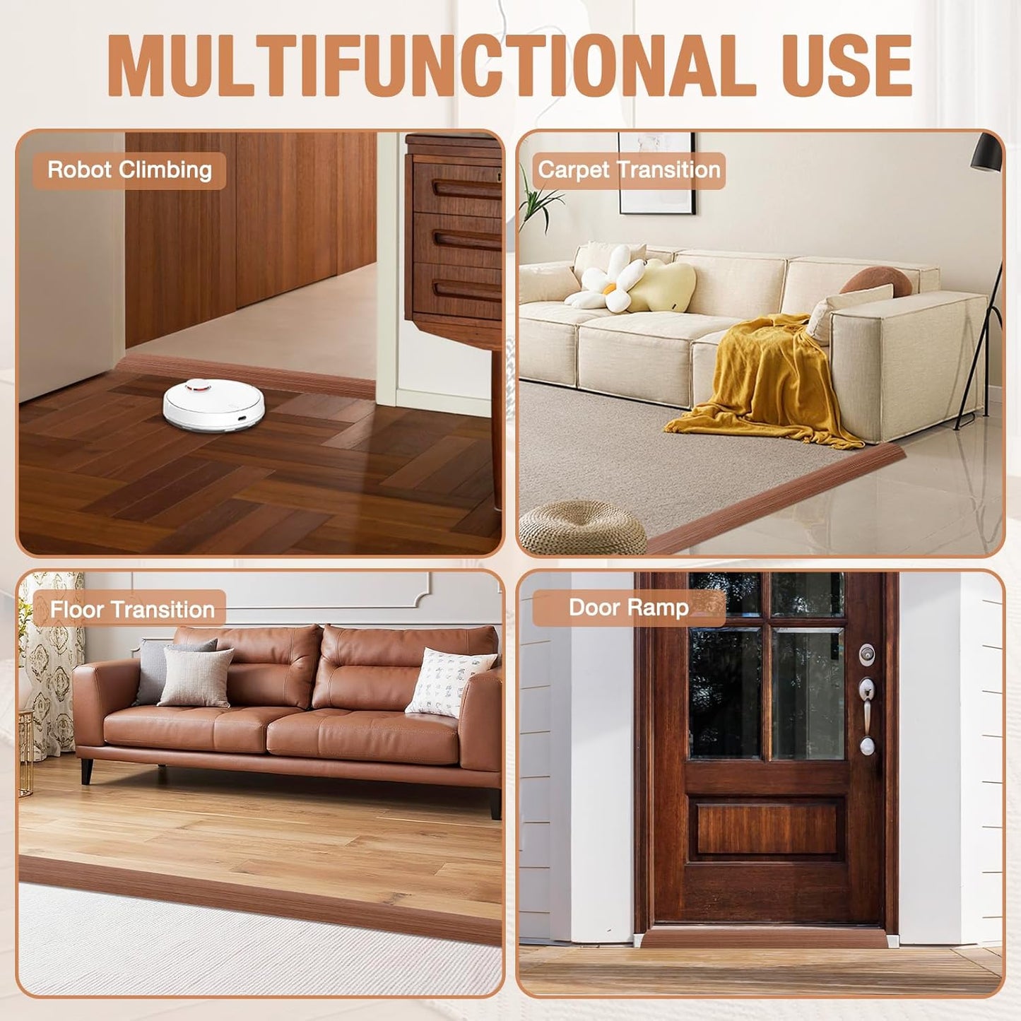 Floor Transition Strip Self Adhesive Vinyl Door Threshold for Doorways Carpet Edging Trim Overlap Edge Reducer for Laminate Floor, Carpet, Tile (Light Brown Wood Grain, 3/5" to 4/5", 3.3Ft)