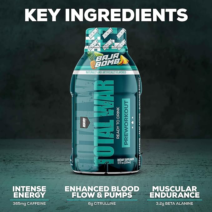 REDCON1 Total War Ready to Drink Preworkout, Sour Gummy Bear - 350mg of Fast Acting RTD Caffeine - Beta Alanine + Citrulline Malate for Increased Pump - Keto Friendly Workout Drink (12 Servings)