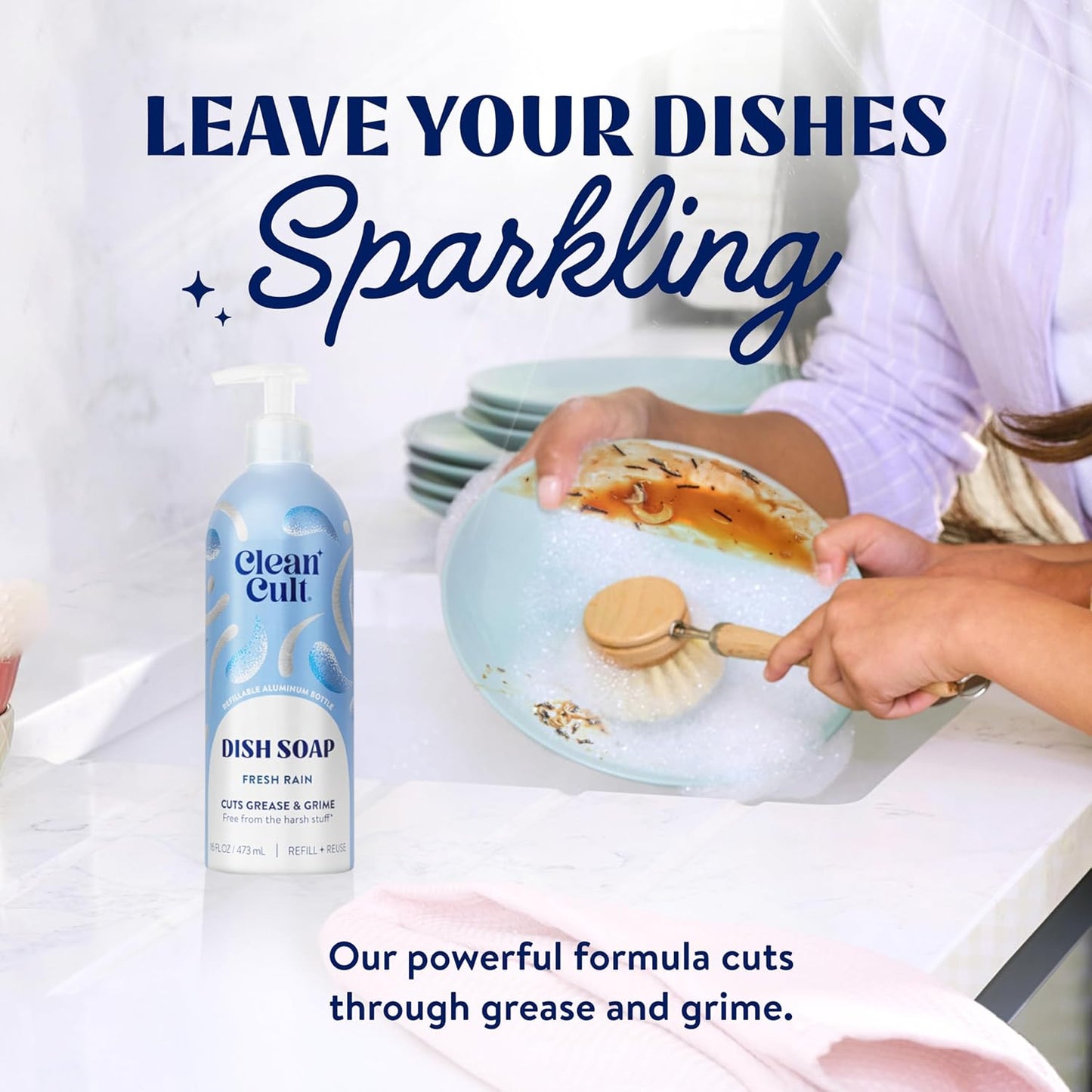 Cleancult Dish Soap Liquid Refill (32oz, 3 Pack) - Plant Based Cleaning Power - Dish Soap that Cuts Grease & Grime - Free of Harsh Chemicals - Uses 90% Less Plastic - Fresh Rain