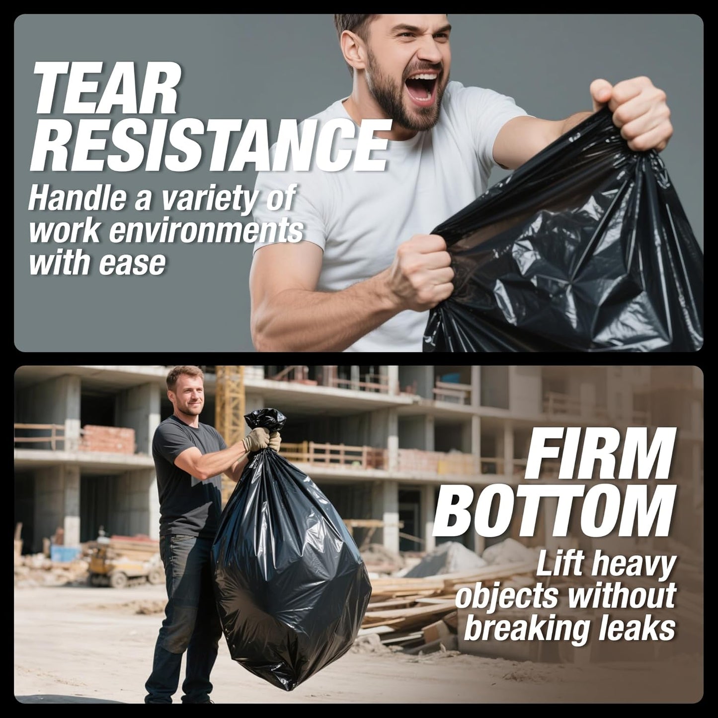 Heavy Duty Contractor Trash Bags 30-33 Gallon 50 Count, 1.5 Mil Extra Thick, Strong Black Garbage Bags, Leakproof Star Seal for Construction, Yard, Demolition Debris