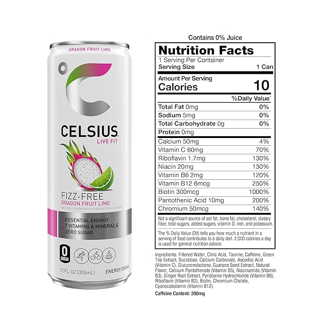 CELSIUS Fizz Free Dragon Fruit Lime, Sugar Free Energy Drink, 12 Fl Oz (Pack of 12)