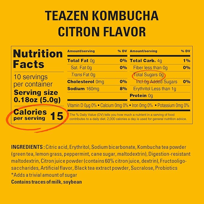 TEAZEN Citron Kombucha Tea, Hydration Drink Mix, Sugar Free, Live Probiotics & Prebiotics, 10 Sticks, 1.76oz