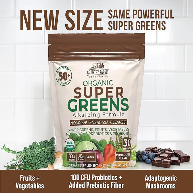 COUNTRY FARMS Super Greens Chocolate Flavor, 50 Organic Super Foods, USDA Organic Drink Mix (Wheat Grass, Spirulina, Chlorella) Mushrooms & Probiotics, with Fiber, Natural Energy, 30 Servings