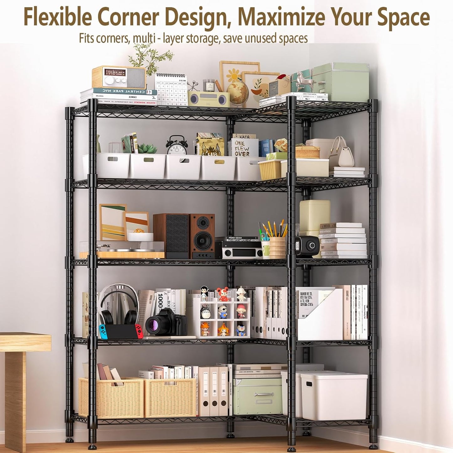 Himimi Storage Shelves-5 Tier Heavy Duty Wire Shelving Unit with Leveling Feet, 1500LBS Adjustable Metal Shelves Organizer for Kitchen Garage Pantry Laundry, 60" W*14" D*72" H, Black