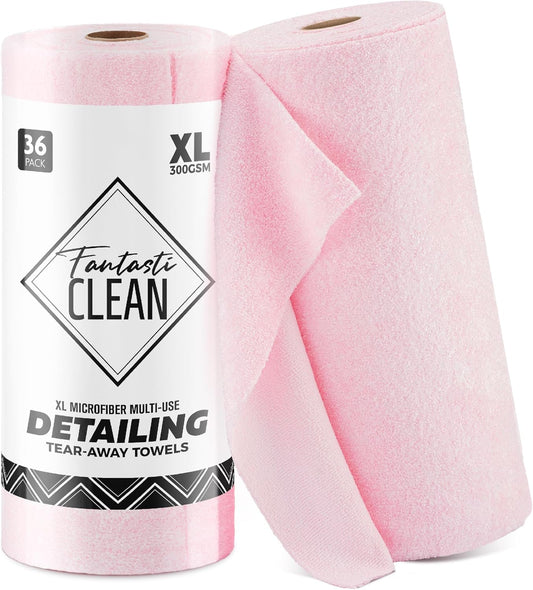 Fantasticlean XL Tear-Away Microfiber Cleaning Cloth Roll, 16'' by 16''- 36 Sheets, Thick & Large Detailing Towels, Ultra Absorbent, Lint-Free Reusable Wipes for Home, Car or Outdoor (Glossy Pink)