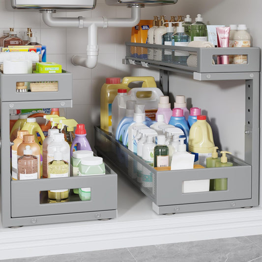 2 Pack 20.47IN Depth Under Sink Storage Organizer, Large 2-Tier Elegant Mesh Pull Out Shelf for Kitchen and Bathroom Cabinet Organization, L-Shaped and Adjustable Height Design-Gun Gray