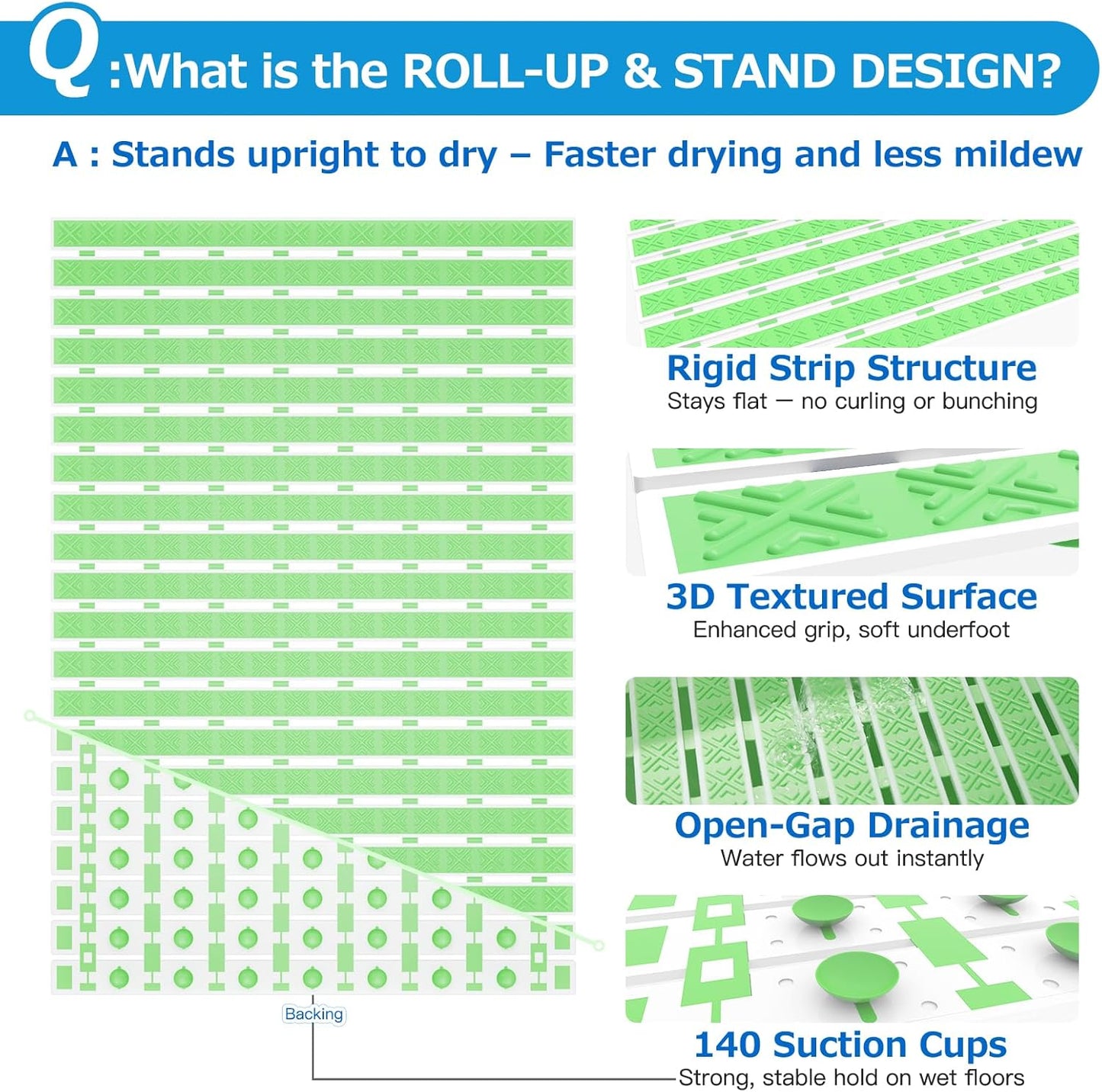 Matace Non Slip Rubber Bathtub & Shower Mat with Suction Cups, Thick Textured Surface, Fast Drain and Upright Drying Design, No Pooling Water for Better Hygiene, 27 x 16 Inch, Mint Green