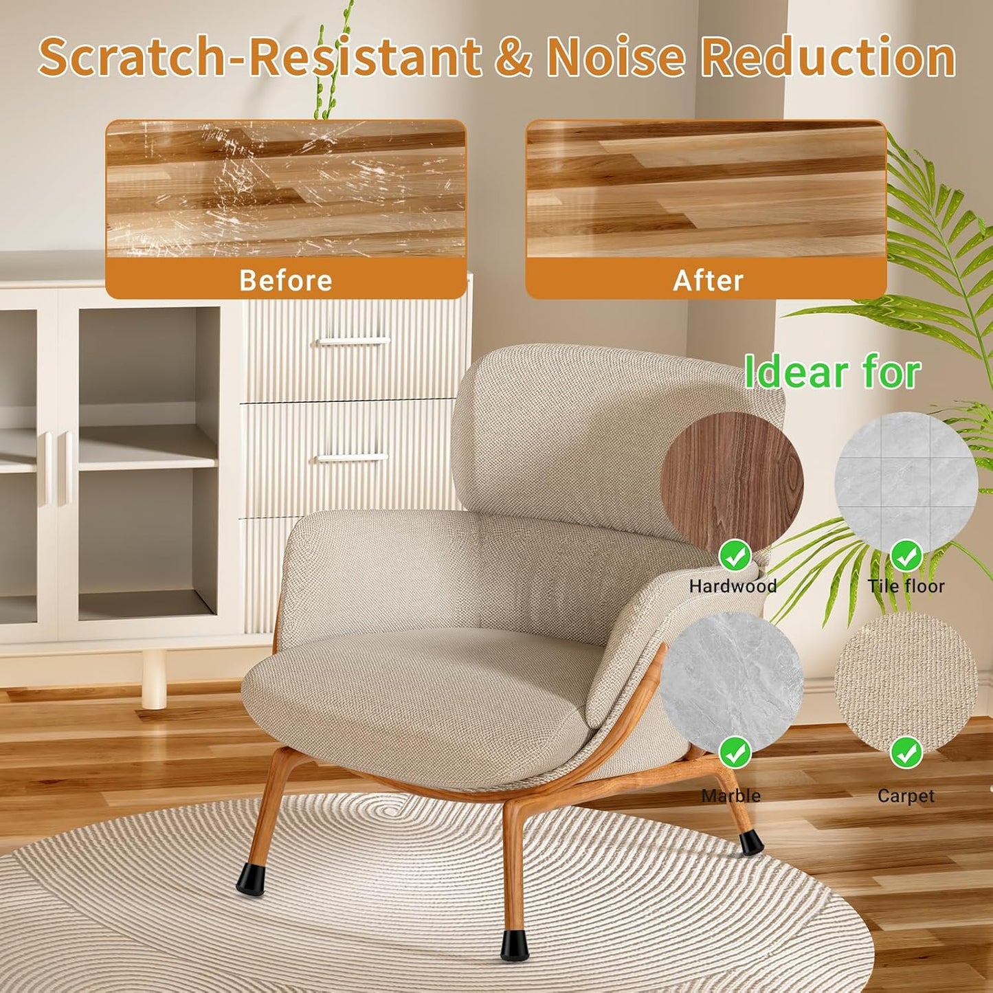 Meldel 24 PCS Silicone Chair Leg Floor Protectors Large (1.2"-1.4") Rubber Felt Furniture Pads Chair Legs Caps/Covers for Hardwood Floors, Tile from Scratches & Reduce Noise - Round, Black