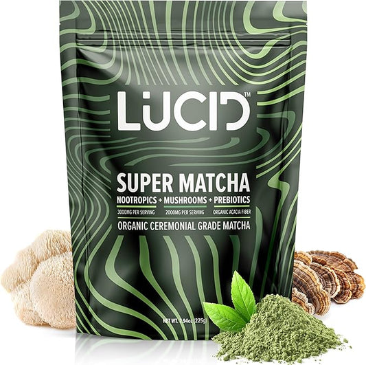Lucid Superfood Organic Mushroom Matcha with Nootropics - Lion's Mane, Tremella, Cordyceps & Turkey Tail - Instant Mushroom Matcha Focus Brain Health - Alpha GPC, L-Theanine, Ginko Biloba - USA Made