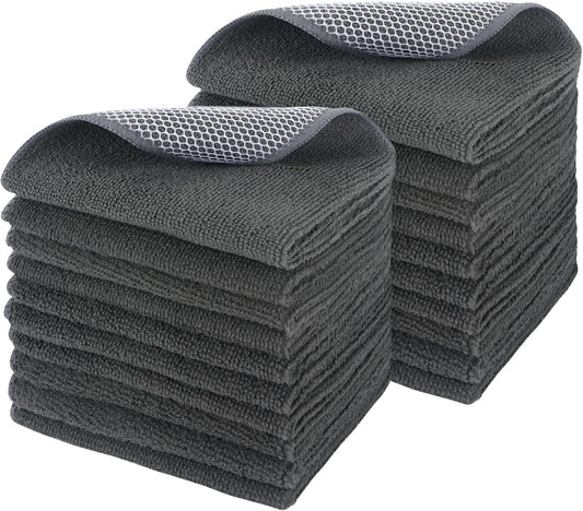 SINLAND Microfiber Dish Cloth Kitchen Washcloth Best Kitchen Cloths Cleaning Cloths Poly Scour Side 12"x12" 20Pack Dark Grey
