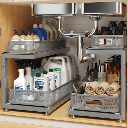 2-Pack 21.3 IN Depth Under Sink Organizer With Next-Gen Ball-Bearing Slides,Sophisticated Mesh 2-Tier Pull Out Shelf for Kitchen & Bathroom,Fits Small Items-Gun Gray
