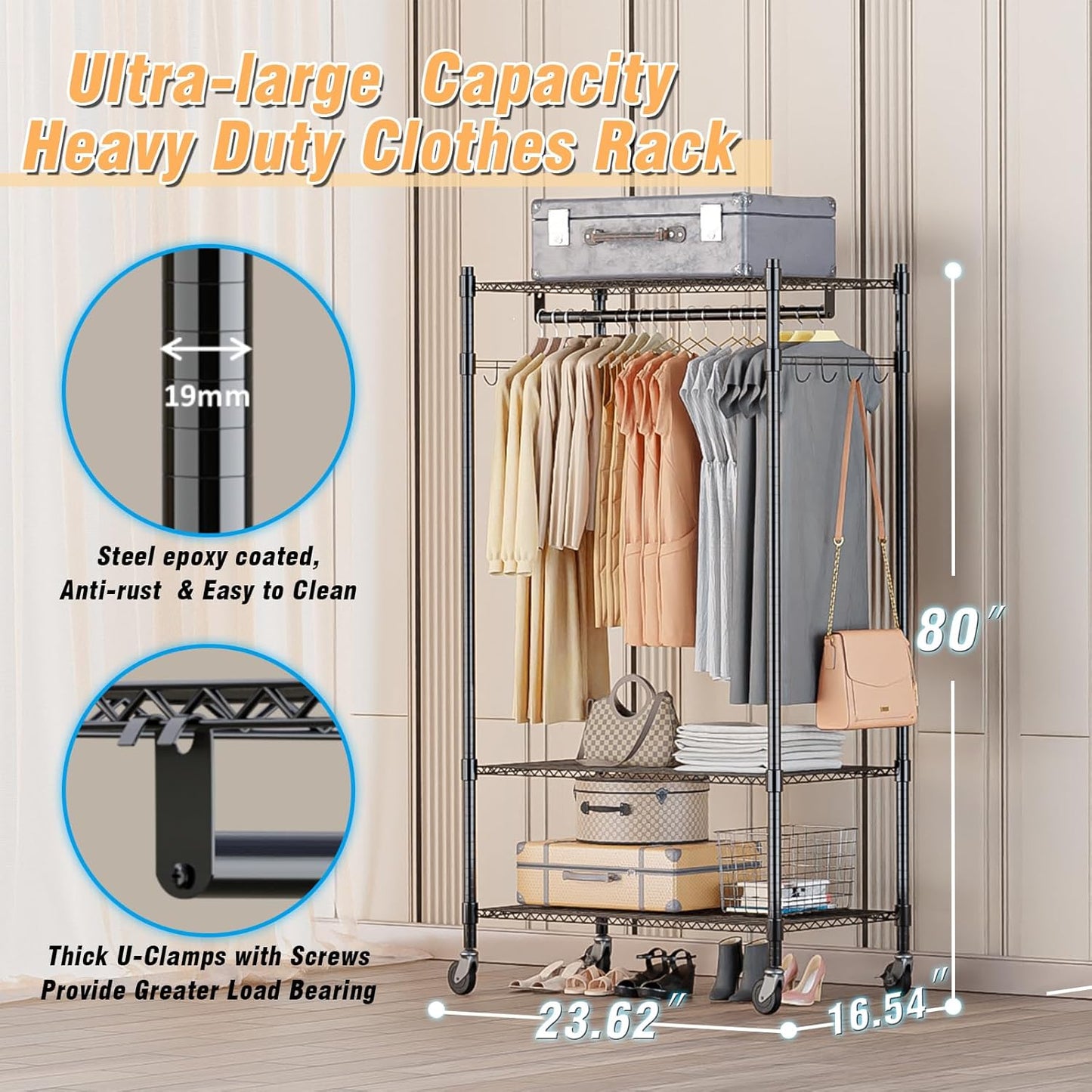 Homdox Heavy Duty Clothing Rack with 3 Tier Adjustable Wire Shelves, Garment Racks for Hanging Clothes, Double Rods Clothing Rack, Freestanding Closet Wardrobe with Side Hooks, Black