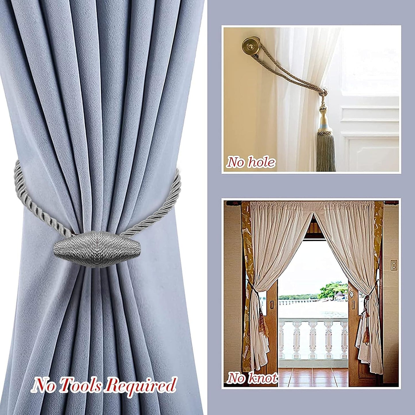 Hion Magnetic Curtain Tiebacks Grey 2pcs, Curtain Tiebacks Buckles Holdbacks Holders Hooks Clip for Home Bedroom Office Decorative Curtain