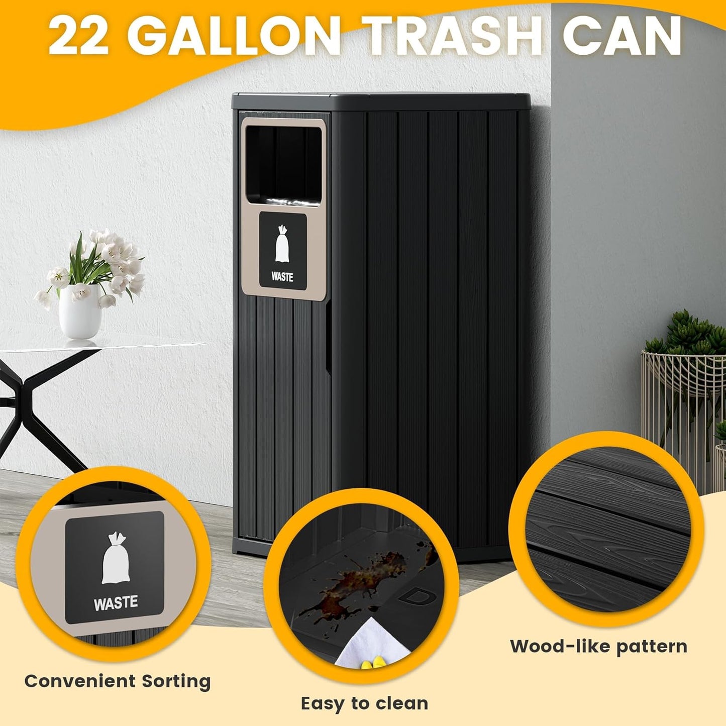 22 Gallon Outdoor Trash Can Waterproof Resin Patio Garbage Can for Outdoor Trash Bin for Patio, Garden,Black